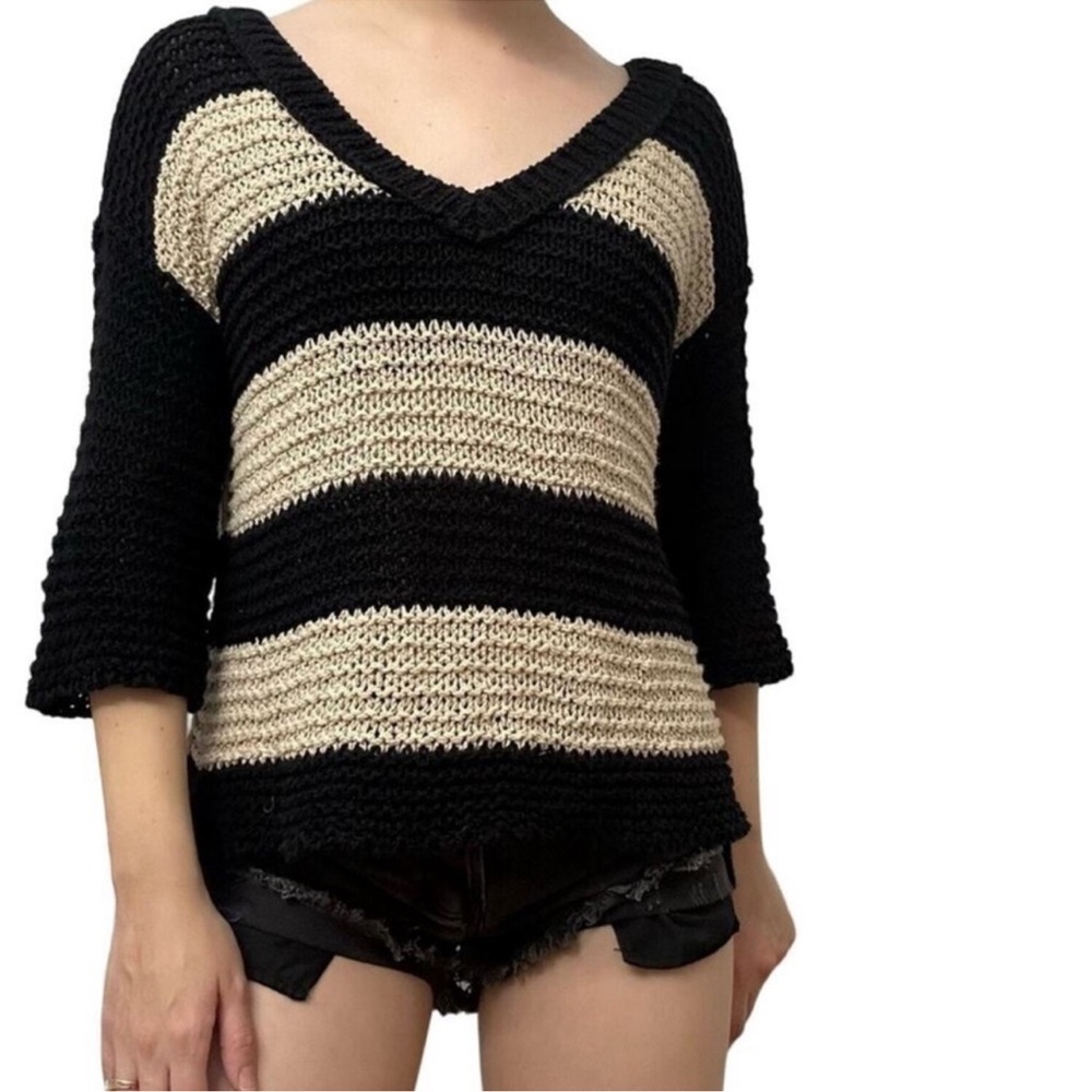 FREE PEOPLE Striped Oversized Black/Tan Crème de le Crème Sweater SZ: M - Picture 2 of 3